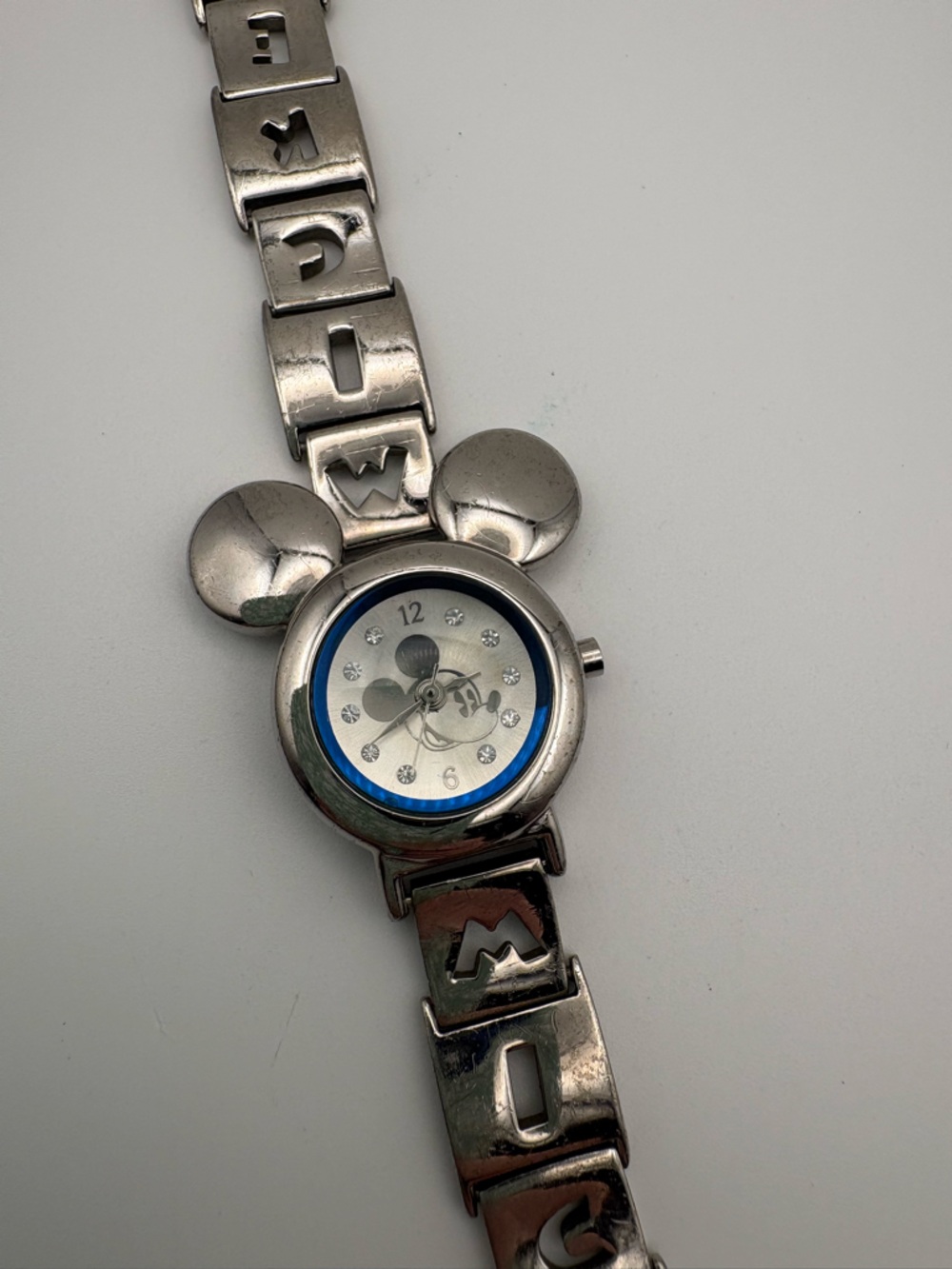 Vintage Mickey Mouse Silver Tone Bracelet Watch Blue Accent Disney Catalog Works